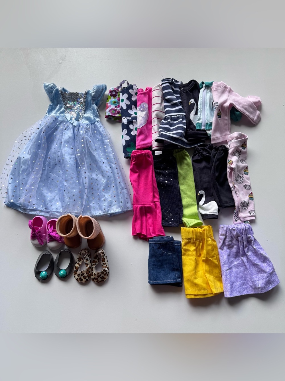 18-inch Doll clothes lot: dress, shoes, pants, tops, skirt